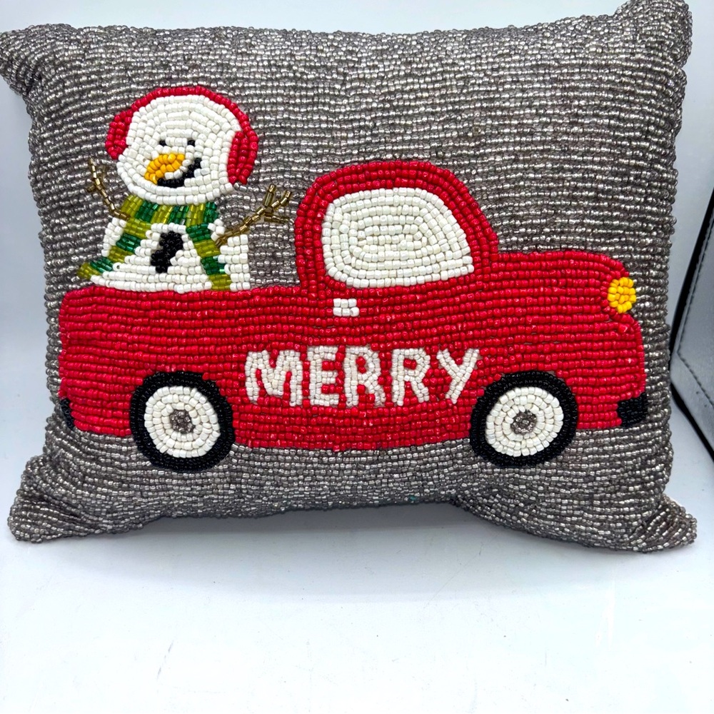 Mi Chateaux Christmas Beaded Truck Snowman Pillow